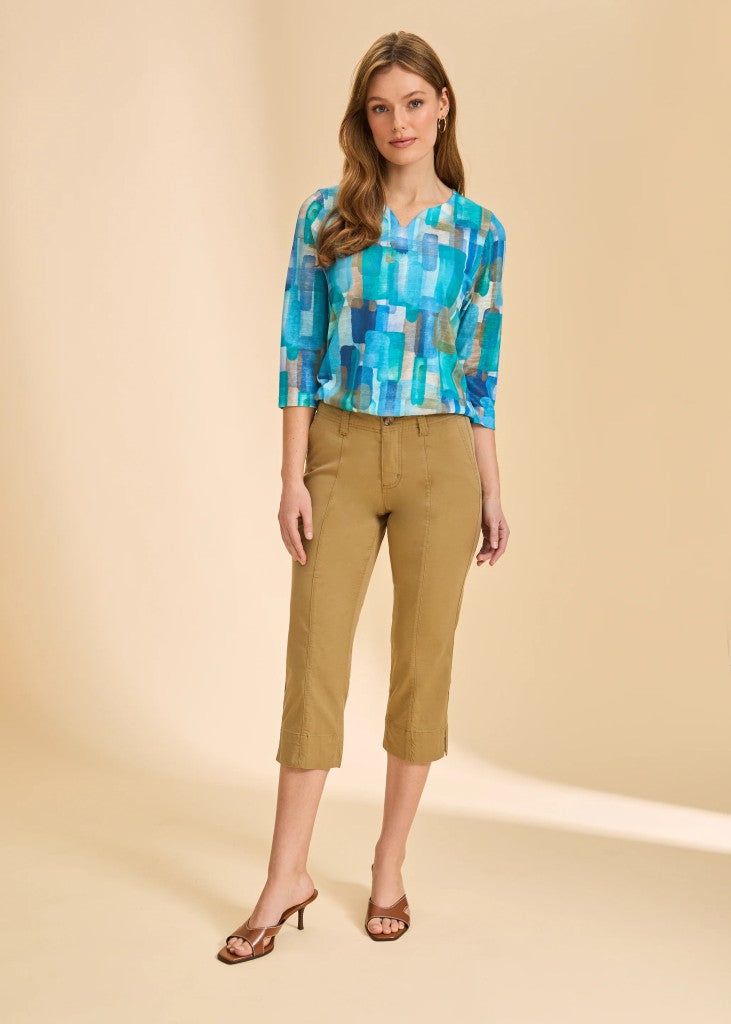 3/4 Sleeve Notch Neck Top in Blue Rockefeller