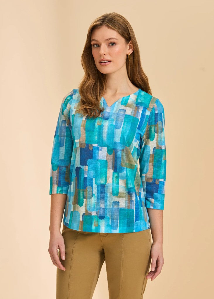 3/4 Sleeve Notch Neck Top in Blue Rockefeller