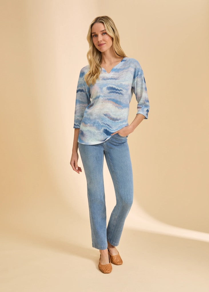 Drop Shoulder Notch Neck Top in Neutral Stripes