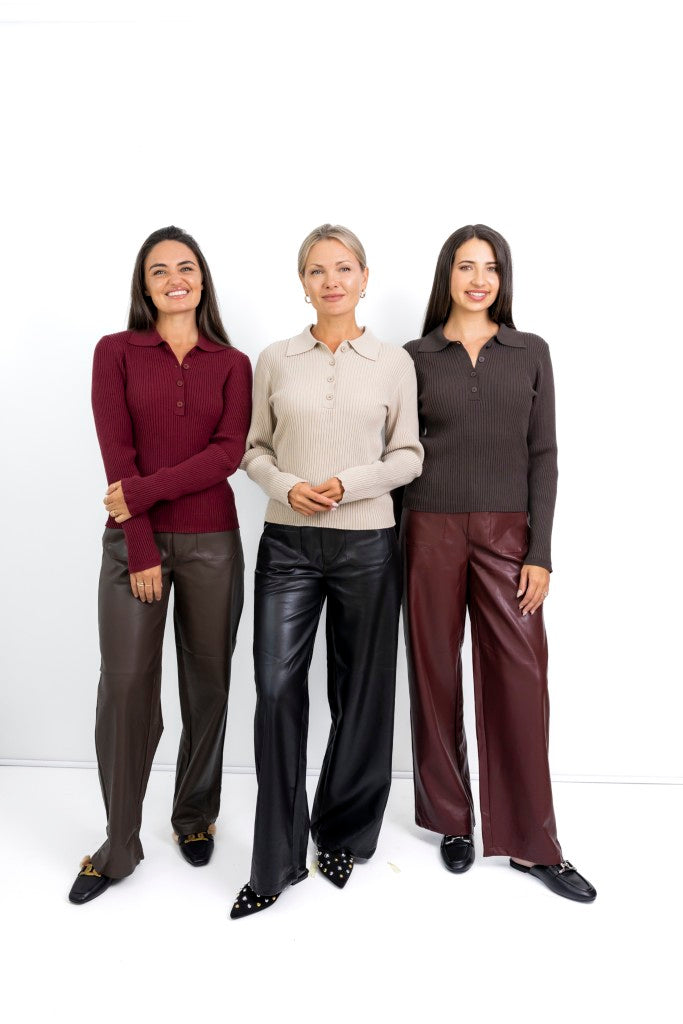 Fontana Rib Button Collar Knit in Bordeaux