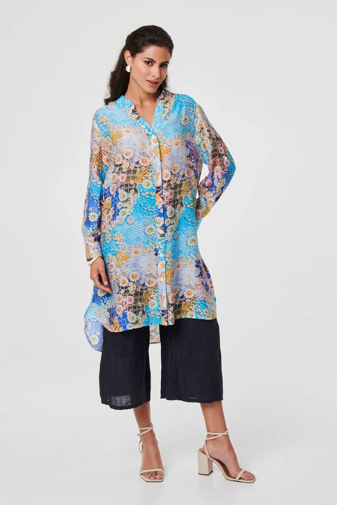 Floral Long Sleeve Longline Tunic Shirt in Blue