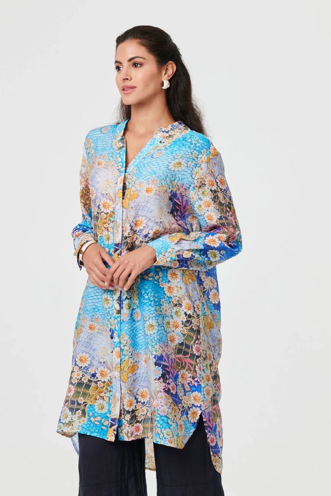 Floral Long Sleeve Longline Tunic Shirt in Blue