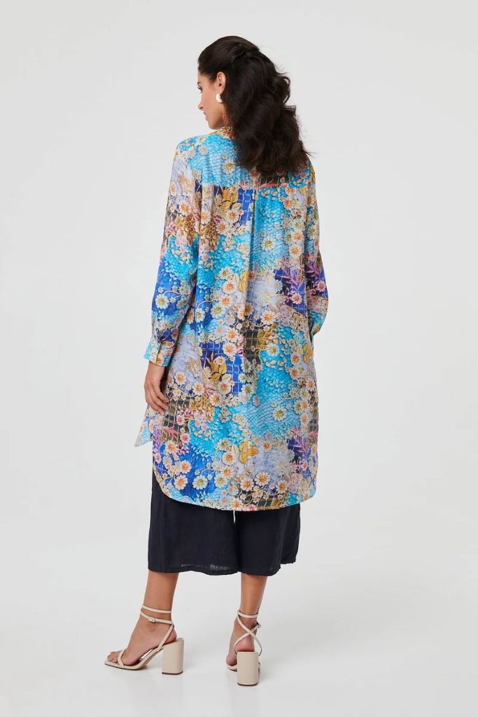 Floral Long Sleeve Longline Tunic Shirt in Blue
