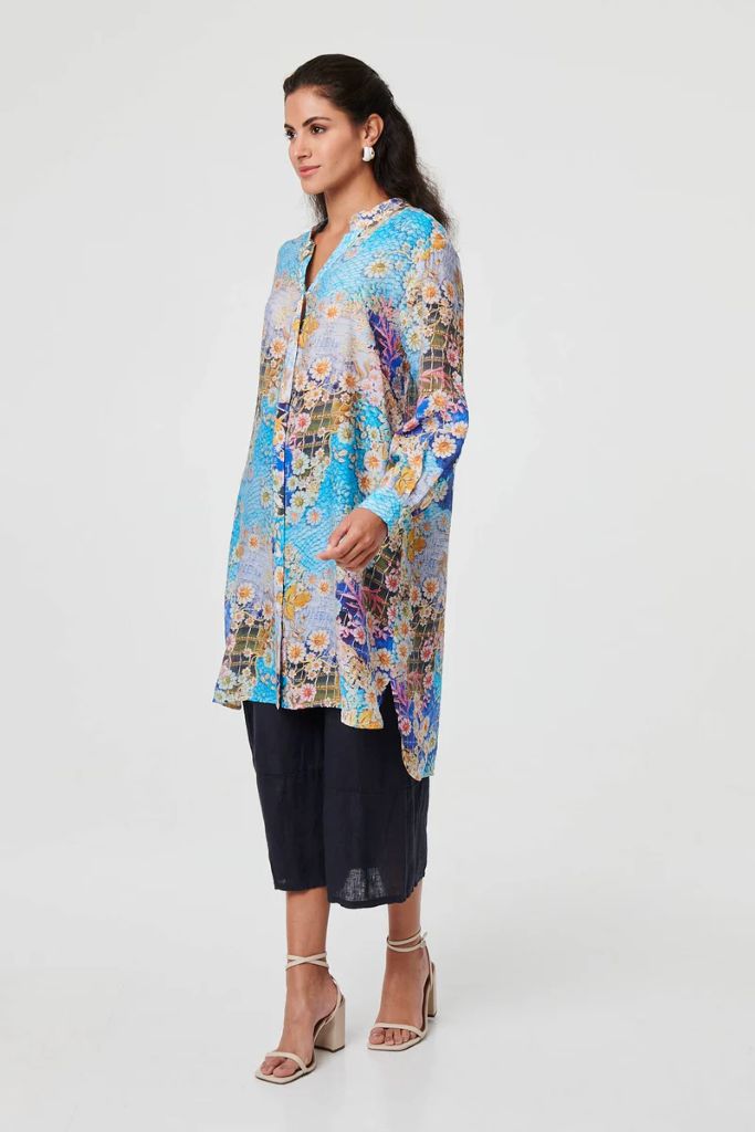 Floral Long Sleeve Longline Tunic Shirt in Blue