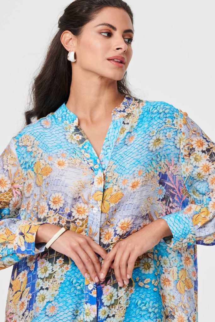 Floral Long Sleeve Longline Tunic Shirt in Blue