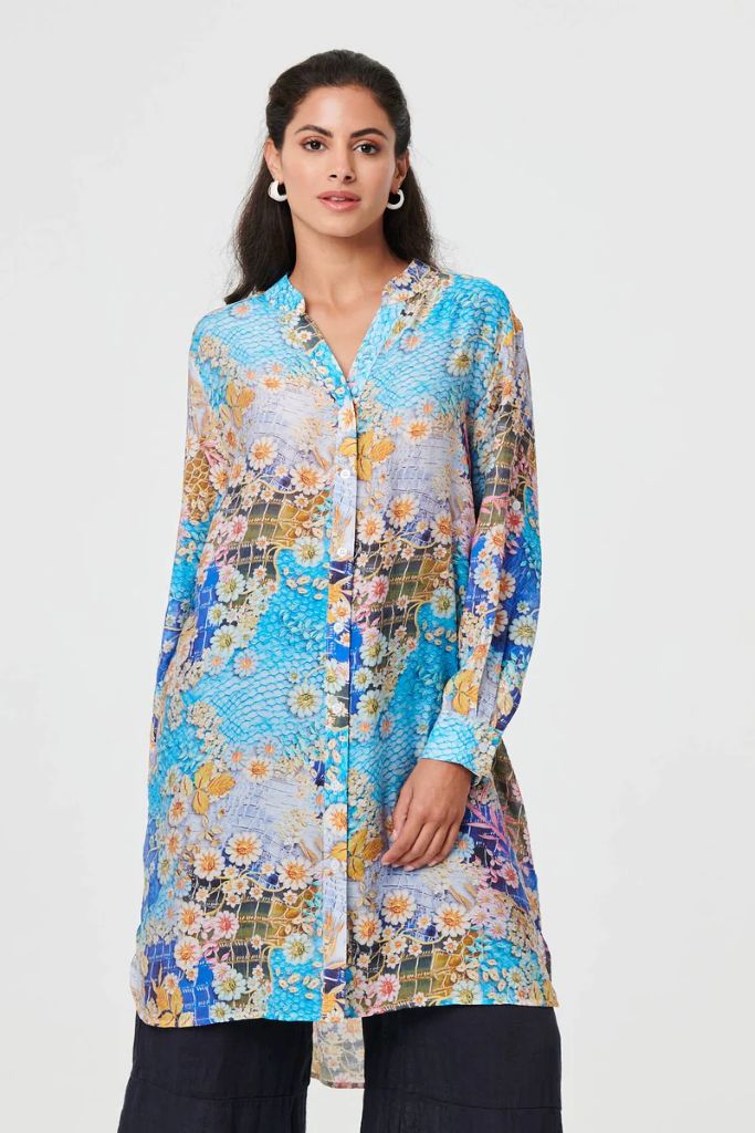 Floral Long Sleeve Longline Tunic Shirt in Blue