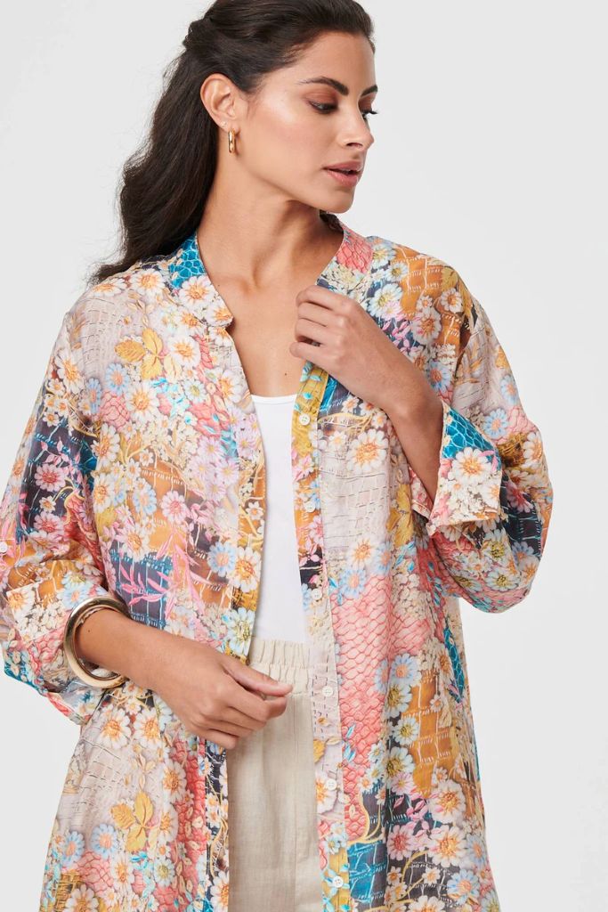 Floral Long Sleeve Longline Tunic Shirt in Pink