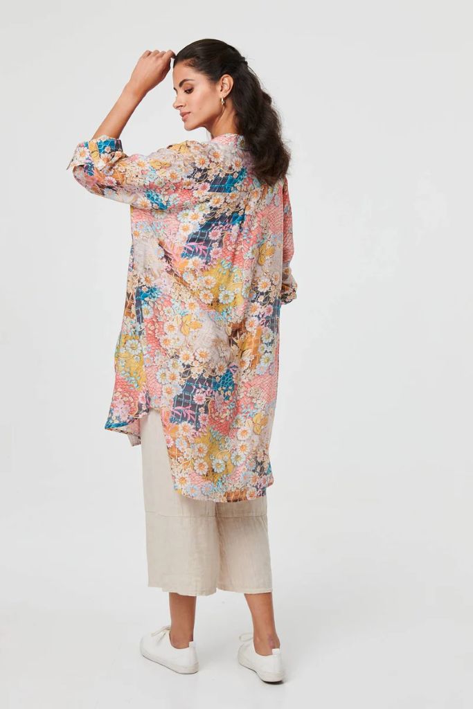 Floral Long Sleeve Longline Tunic Shirt in Pink