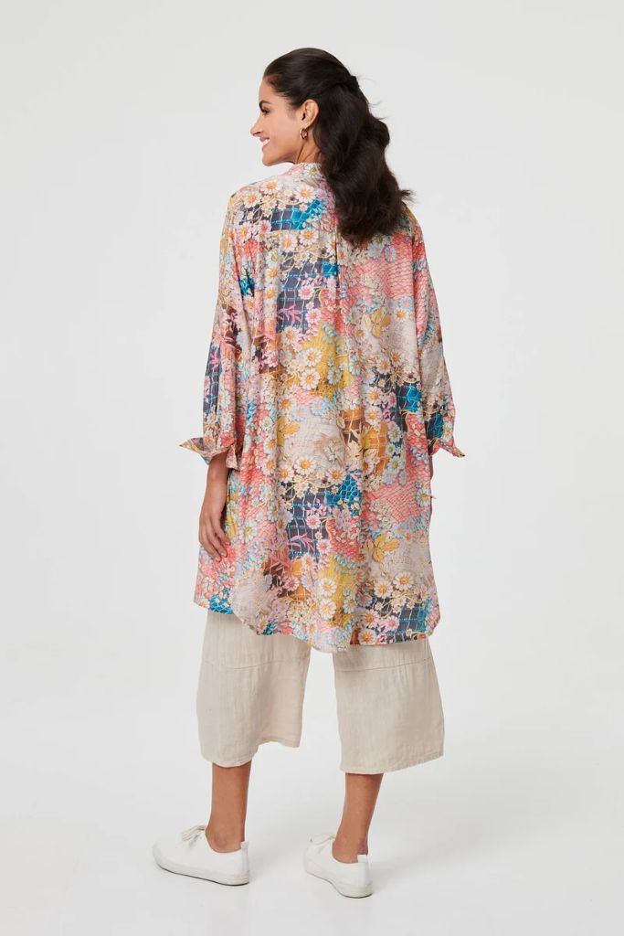 Floral Long Sleeve Longline Tunic Shirt in Pink