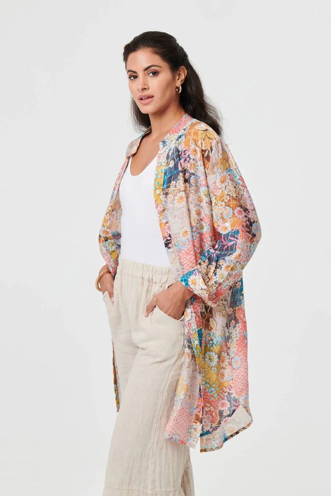 Floral Long Sleeve Longline Tunic Shirt in Pink