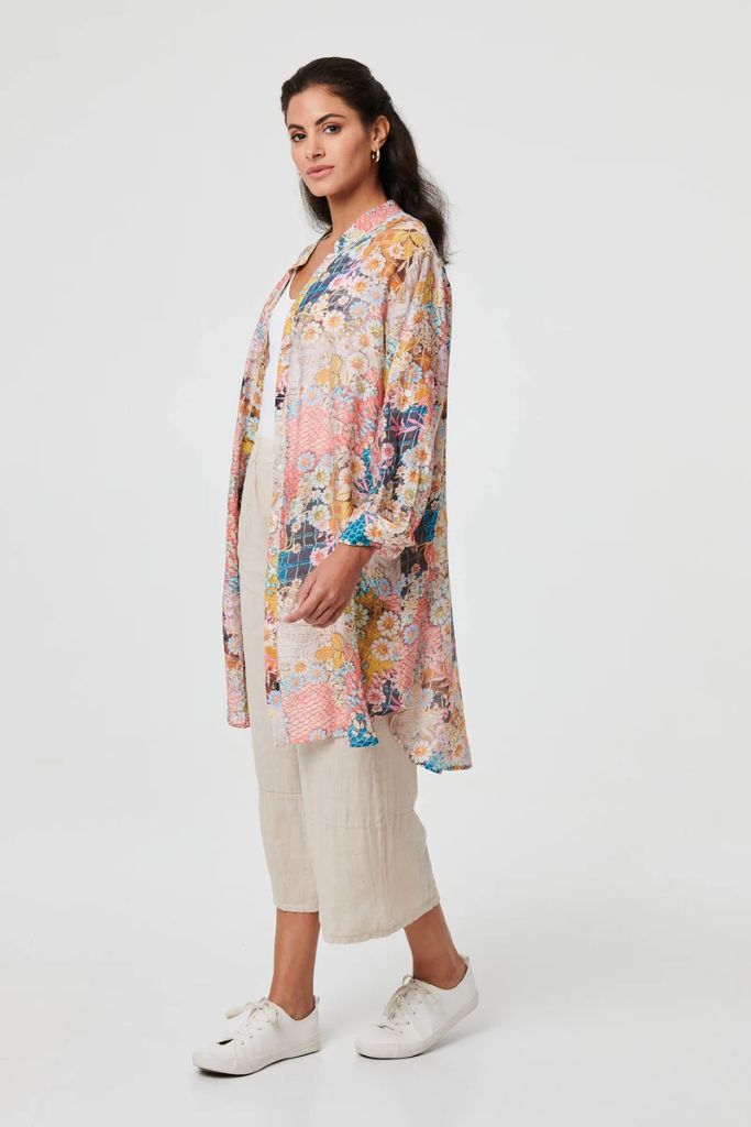 Floral Long Sleeve Longline Tunic Shirt in Pink