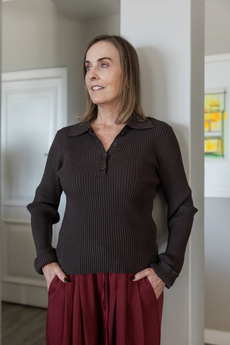 Fontana Rib Button Collar Knit in Chocolate