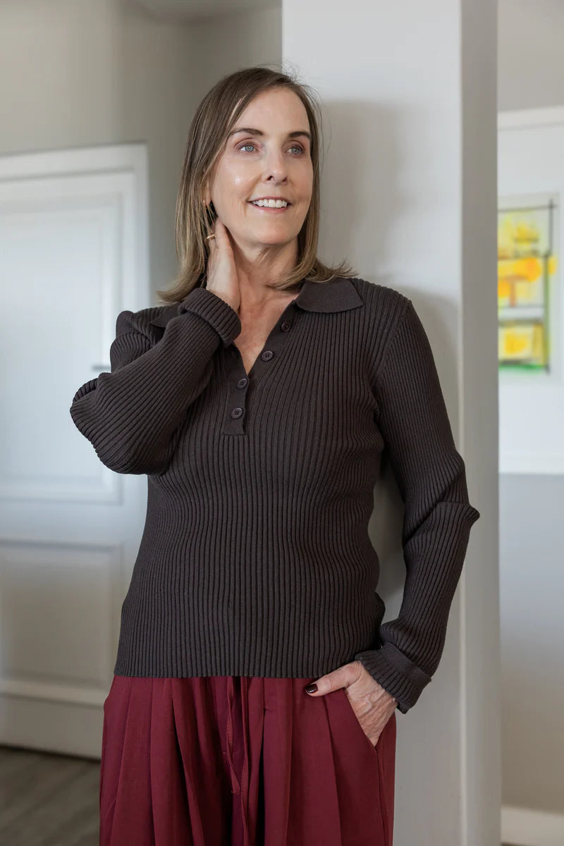 Fontana Rib Button Collar Knit in Chocolate