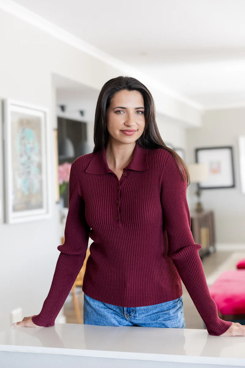 Fontana Rib Button Collar Knit in Bordeaux