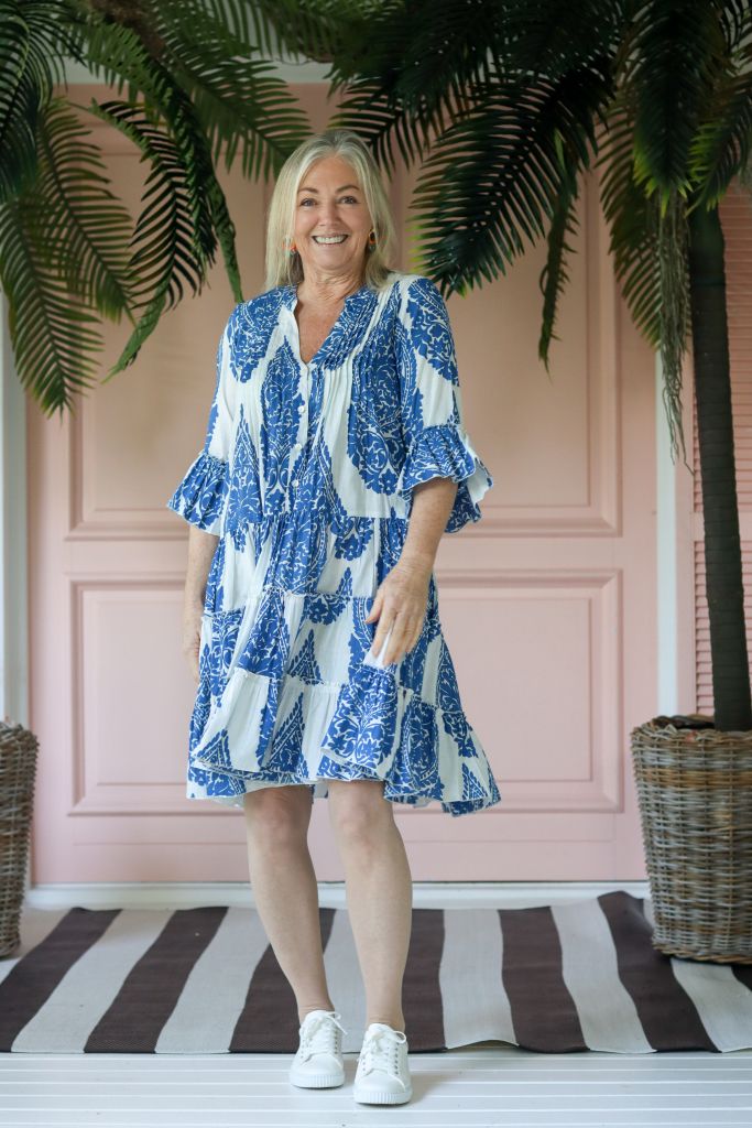 Athens Boho Dress in White & Blue