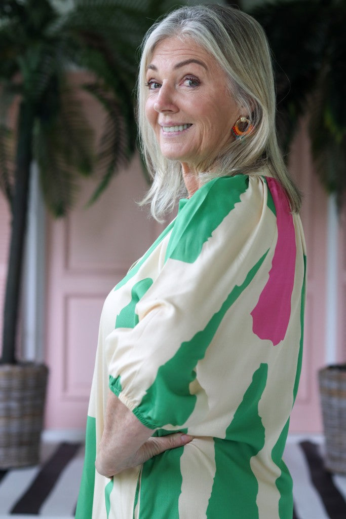 Bianca Raglan Dress in White / Green