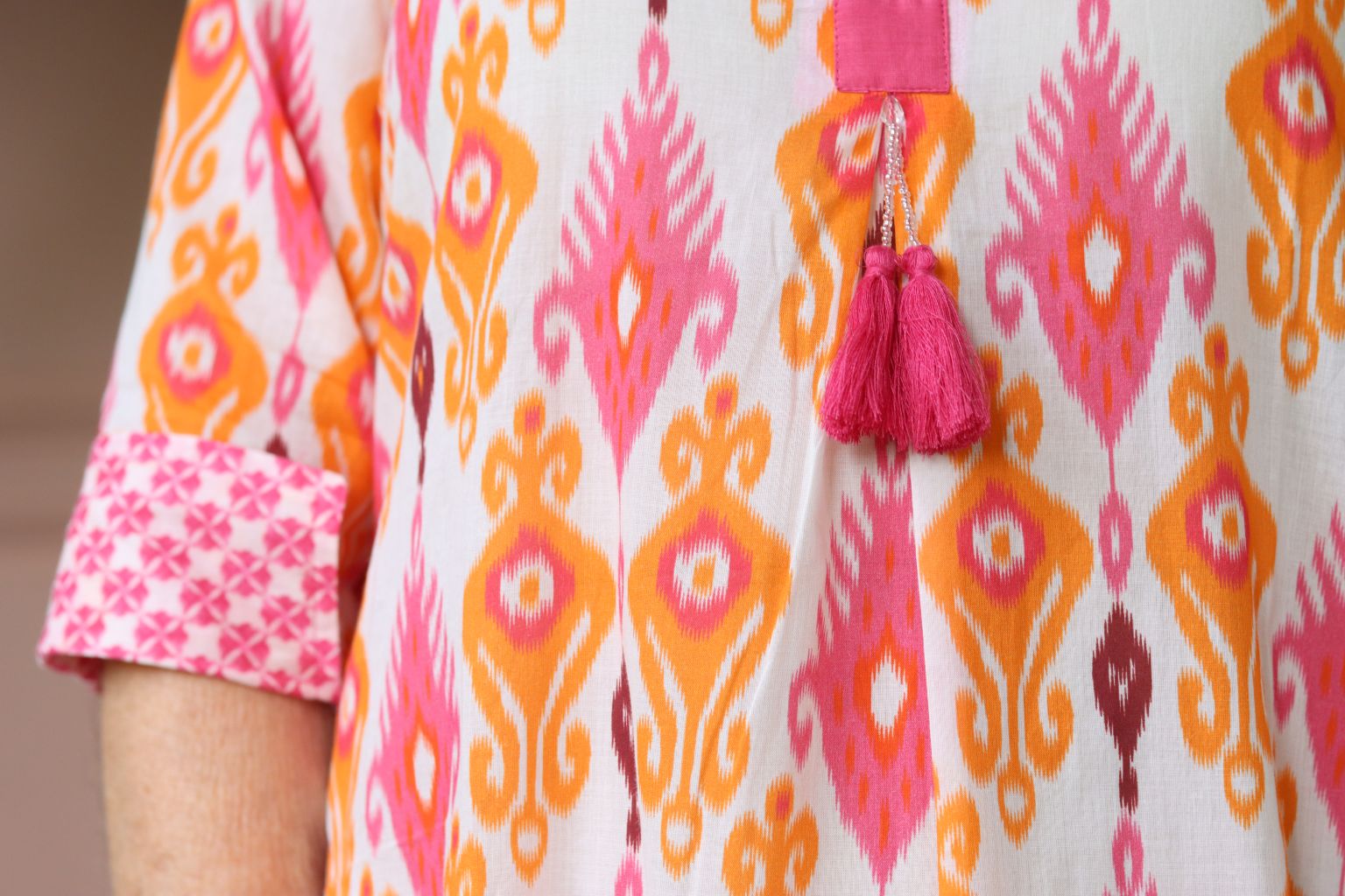 Jaipur Tassel Tunic in White / Orange / Pink