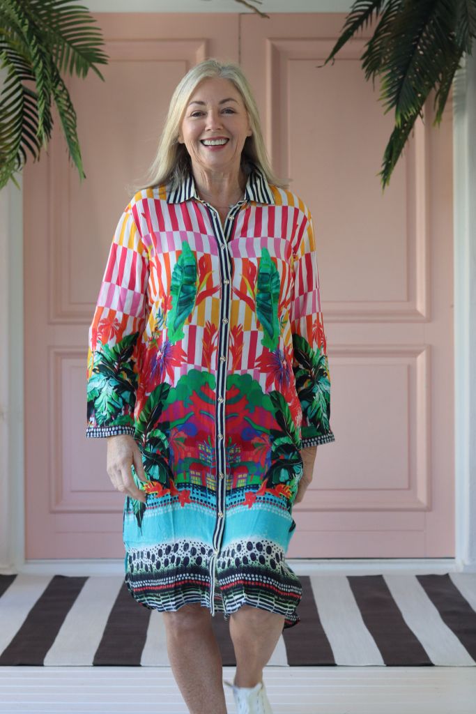 Maddison Short Dress in Broad Colourful Stripe