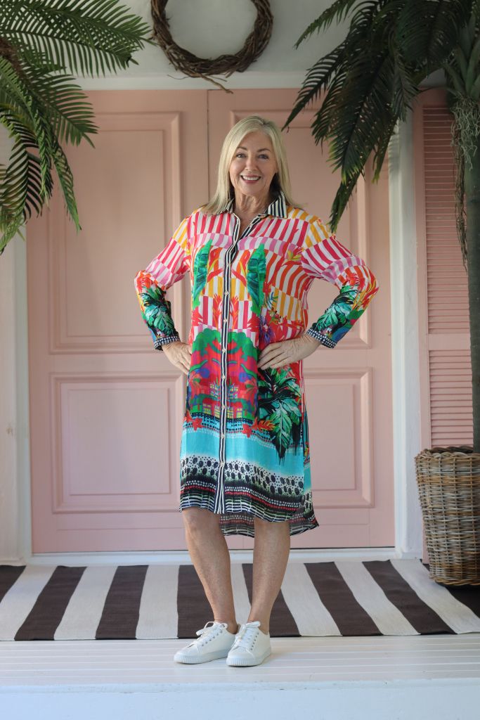 Maddison Short Dress in Broad Colourful Stripe