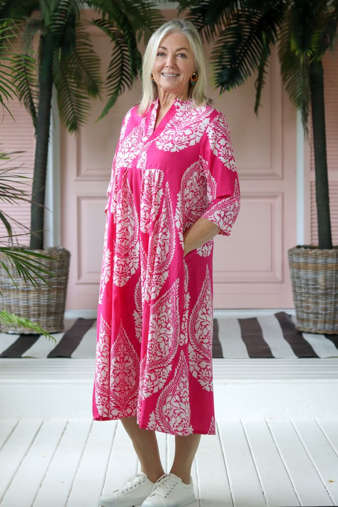 Audrey Front Pleat Dress in Pink & White