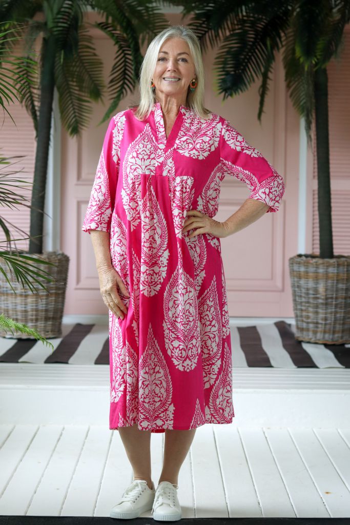 Audrey Front Pleat Dress in Pink & White