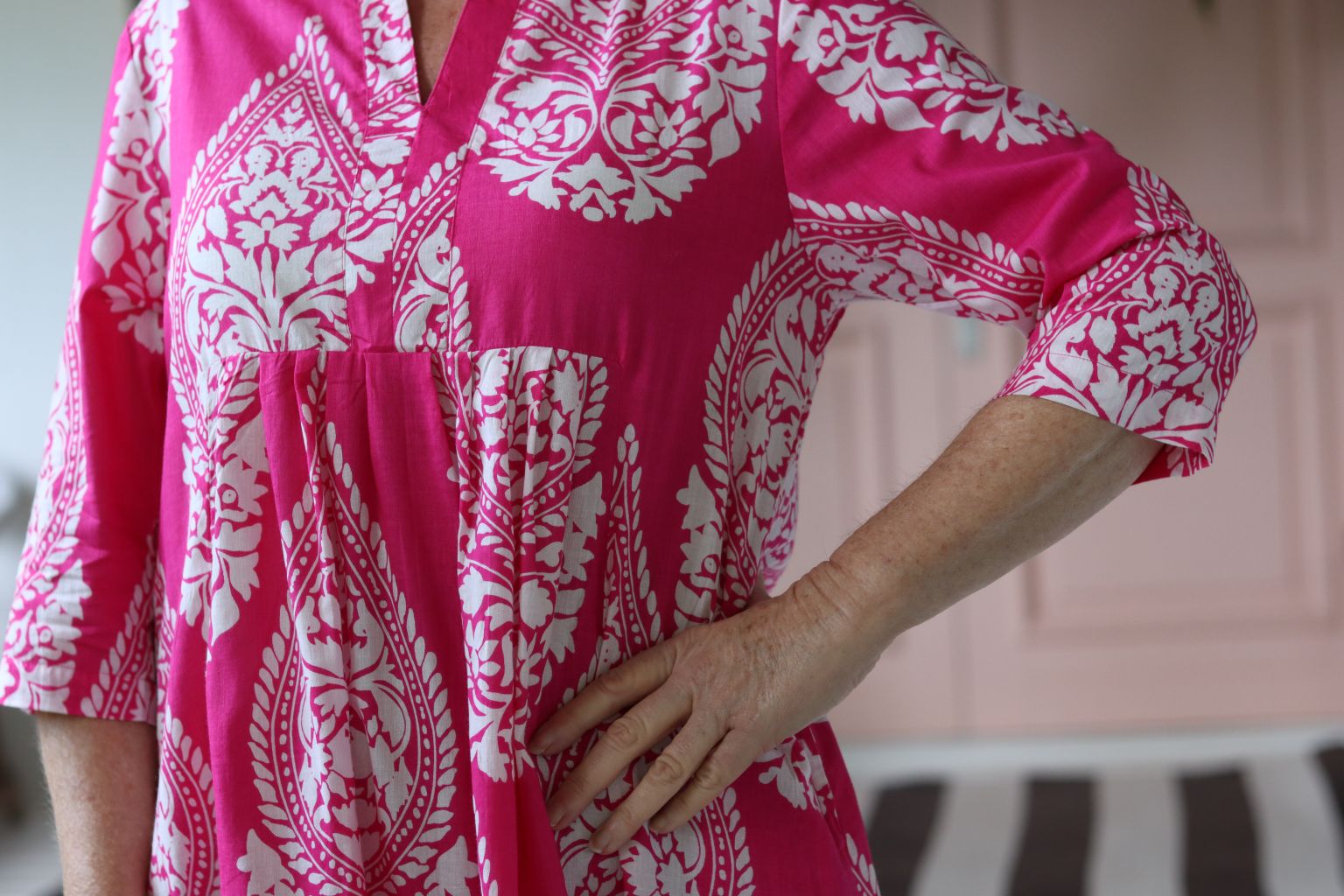 Audrey Front Pleat Dress in Pink & White