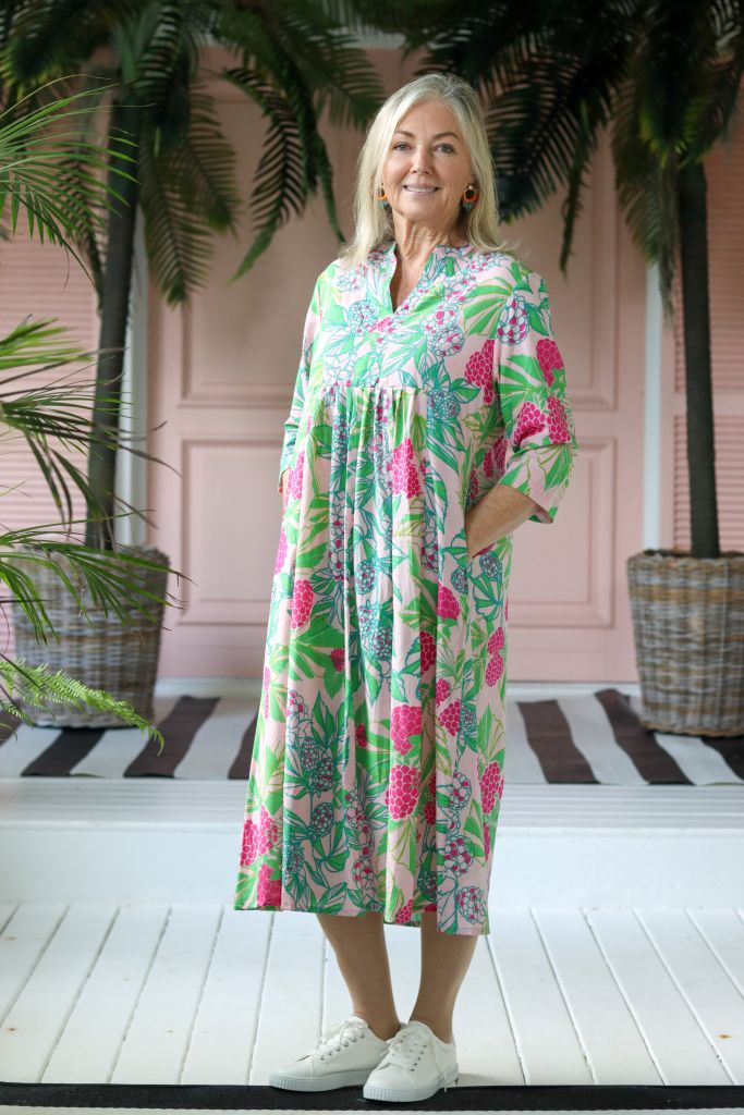 Audrey Front Pleat Dress in Pink & Green