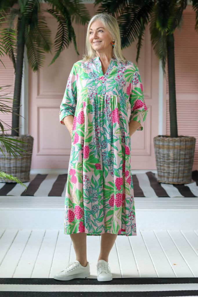 Audrey Front Pleat Dress in Pink & Green