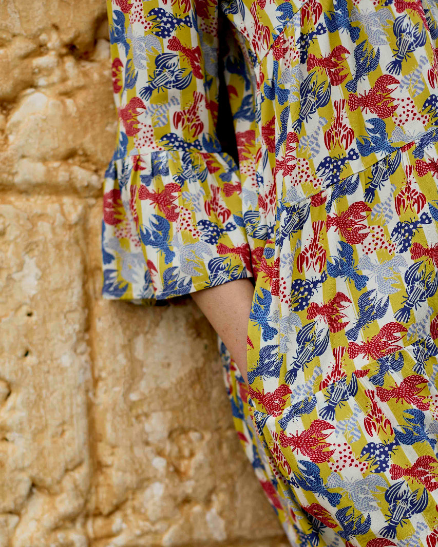 Saffron Dress in Yellow Lobsters