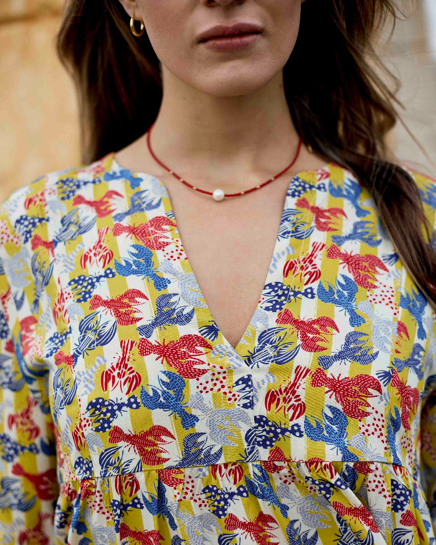 Saffron Dress in Yellow Lobsters