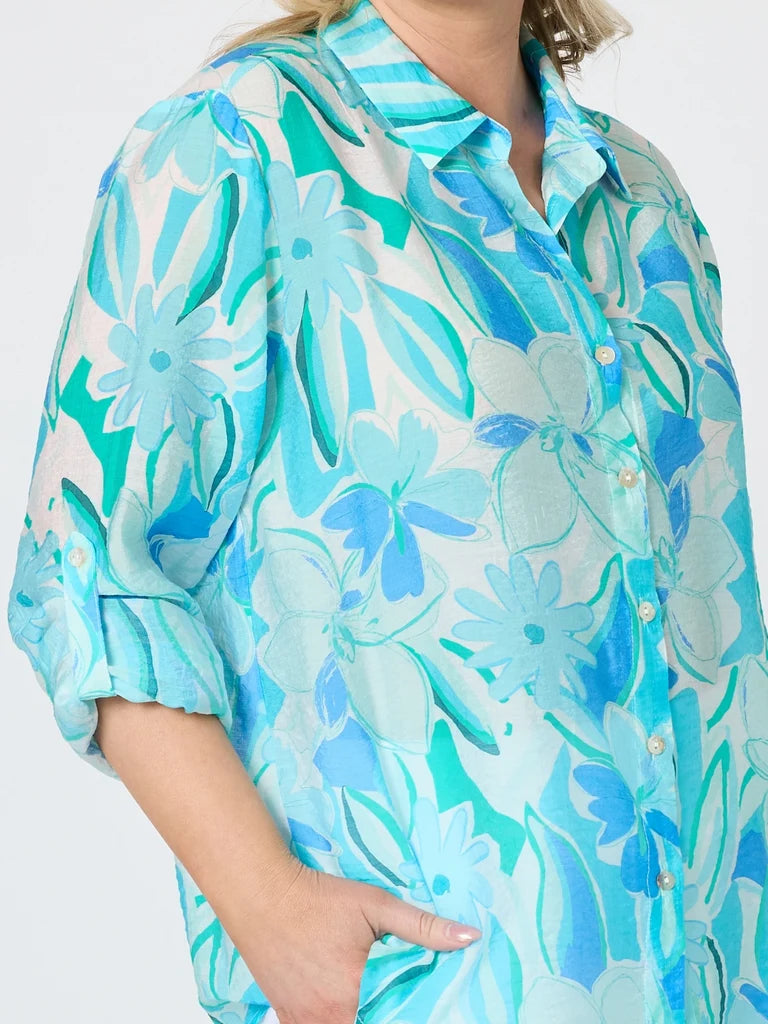 Island Bloom Print Shirt in Seafoam Green