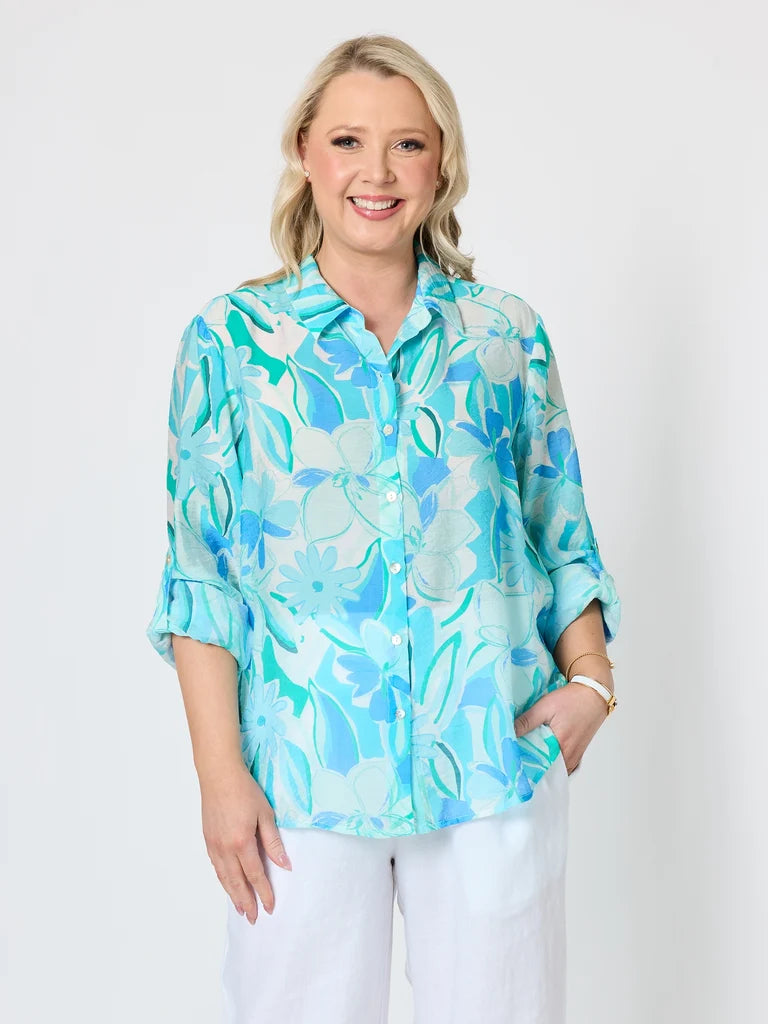 Island Bloom Print Shirt in Seafoam Green