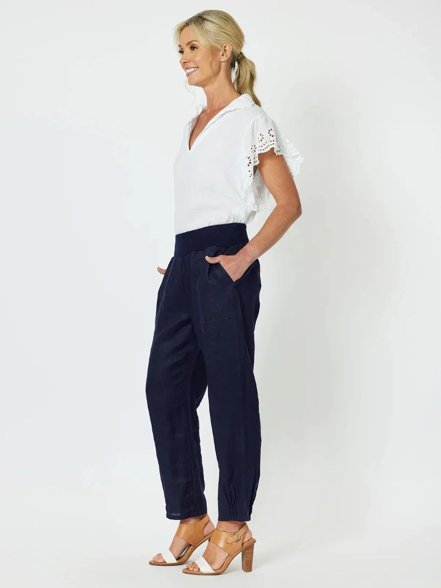 Sarah Jersey Waist Linen Pant in Navy