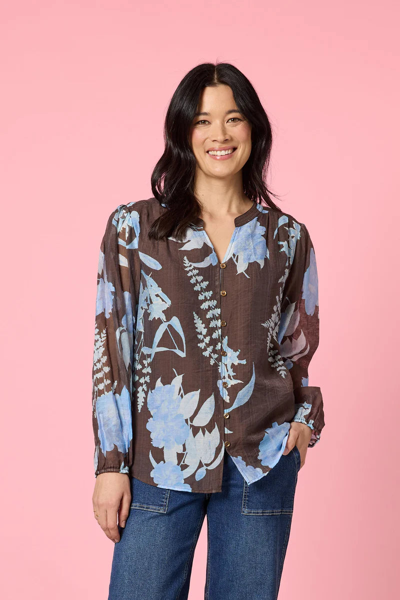 Vermont Print Top in Coffee / Blue