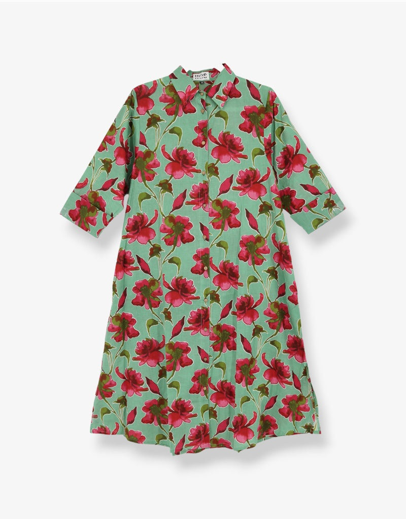 Long Button Down Dress in Green / Pink Flower