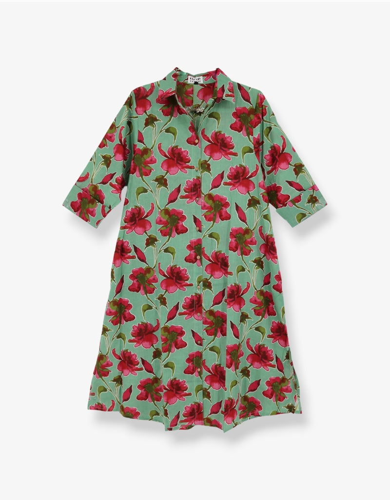 Long Button Down Dress in Green / Pink Flower