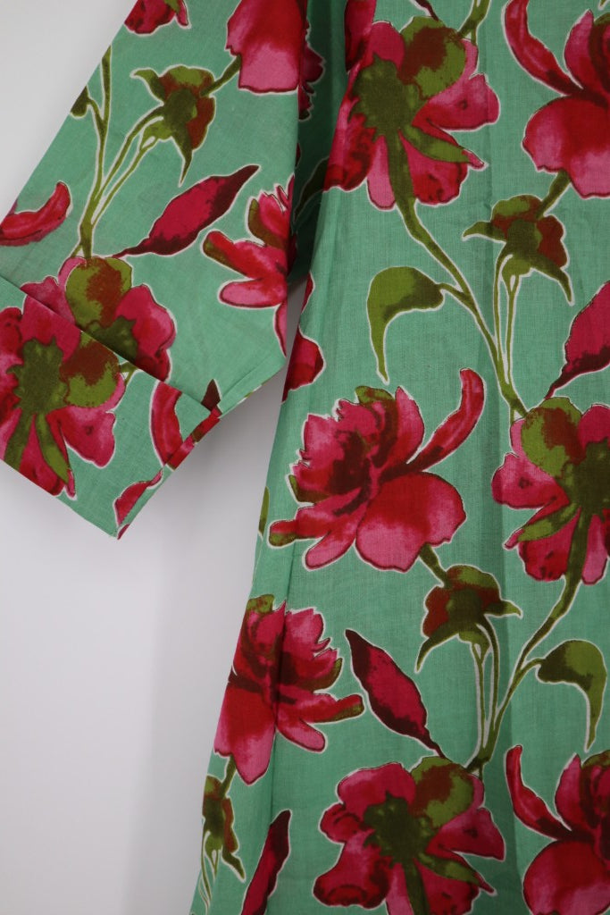 Long Button Down Dress in Green / Pink Flower