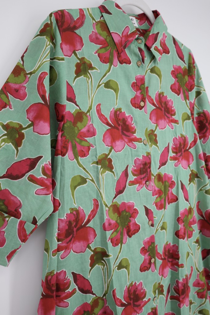 Long Button Down Dress in Green / Pink Flower