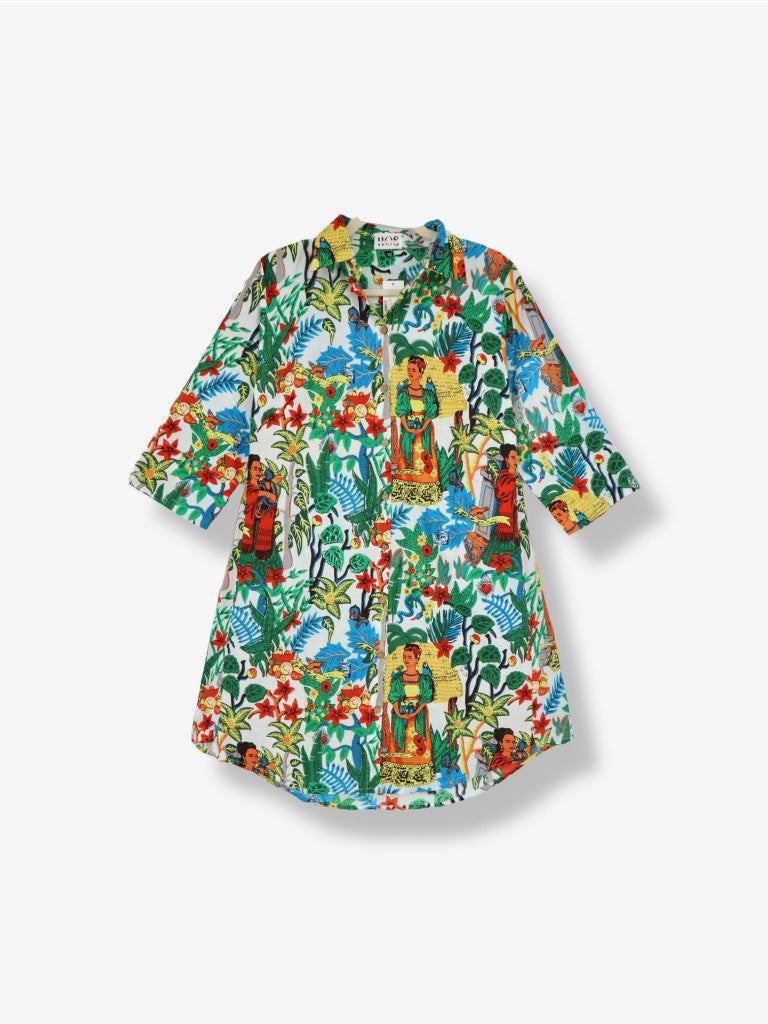 Short Button Down Dress in White Multi