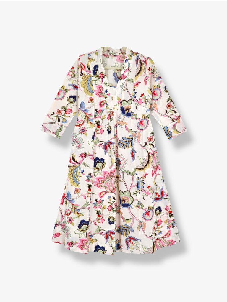 V-Neck Long Dress in White Floral