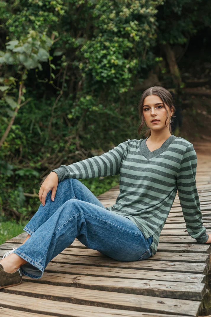 Notties V-Neck Top in Olive Stripe
