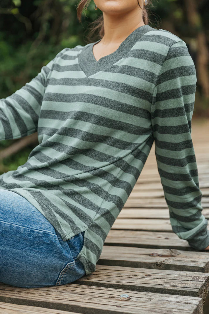 Notties V-Neck Top in Olive Stripe