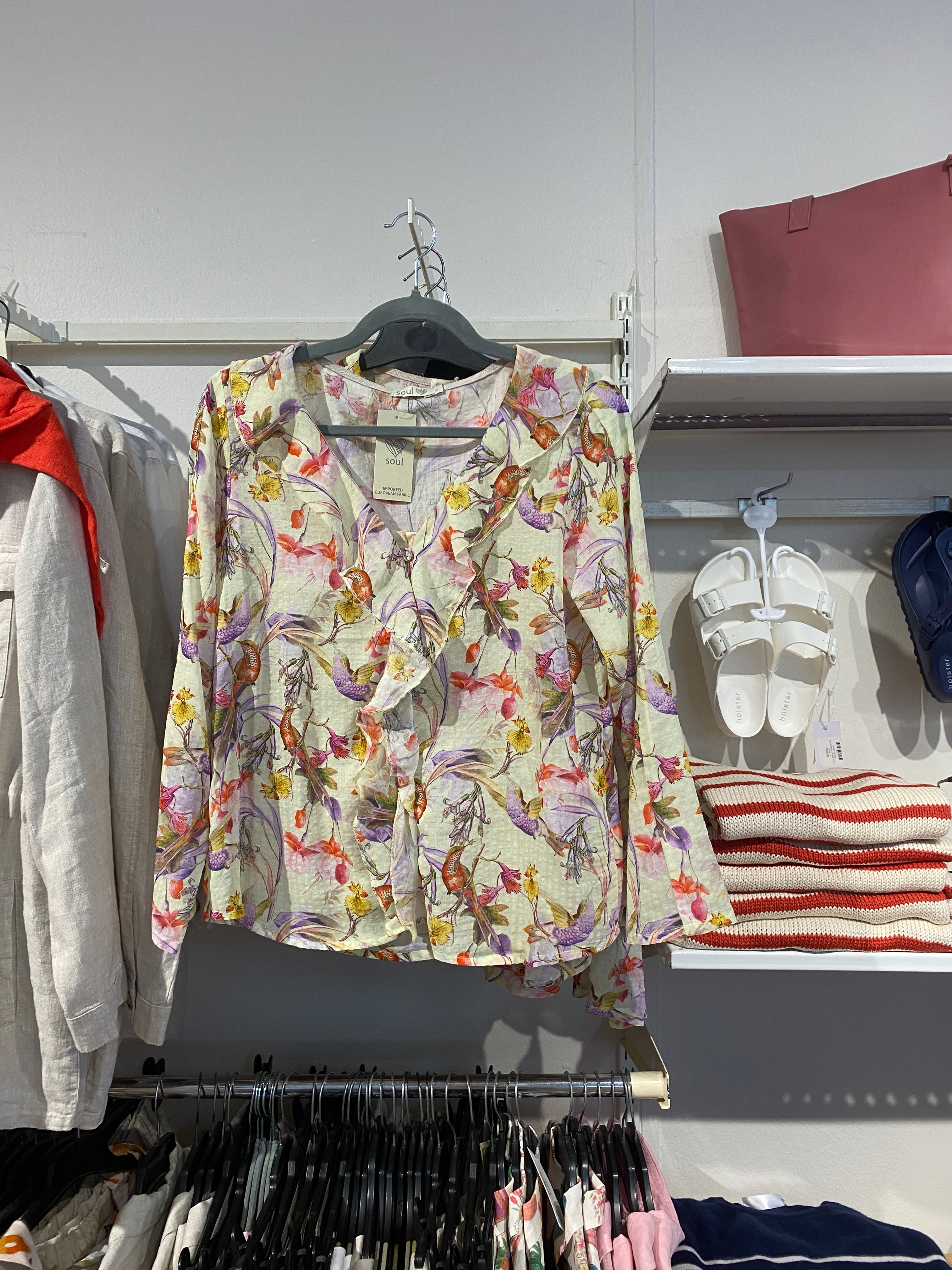 Bird Printed Frill Top in Cream