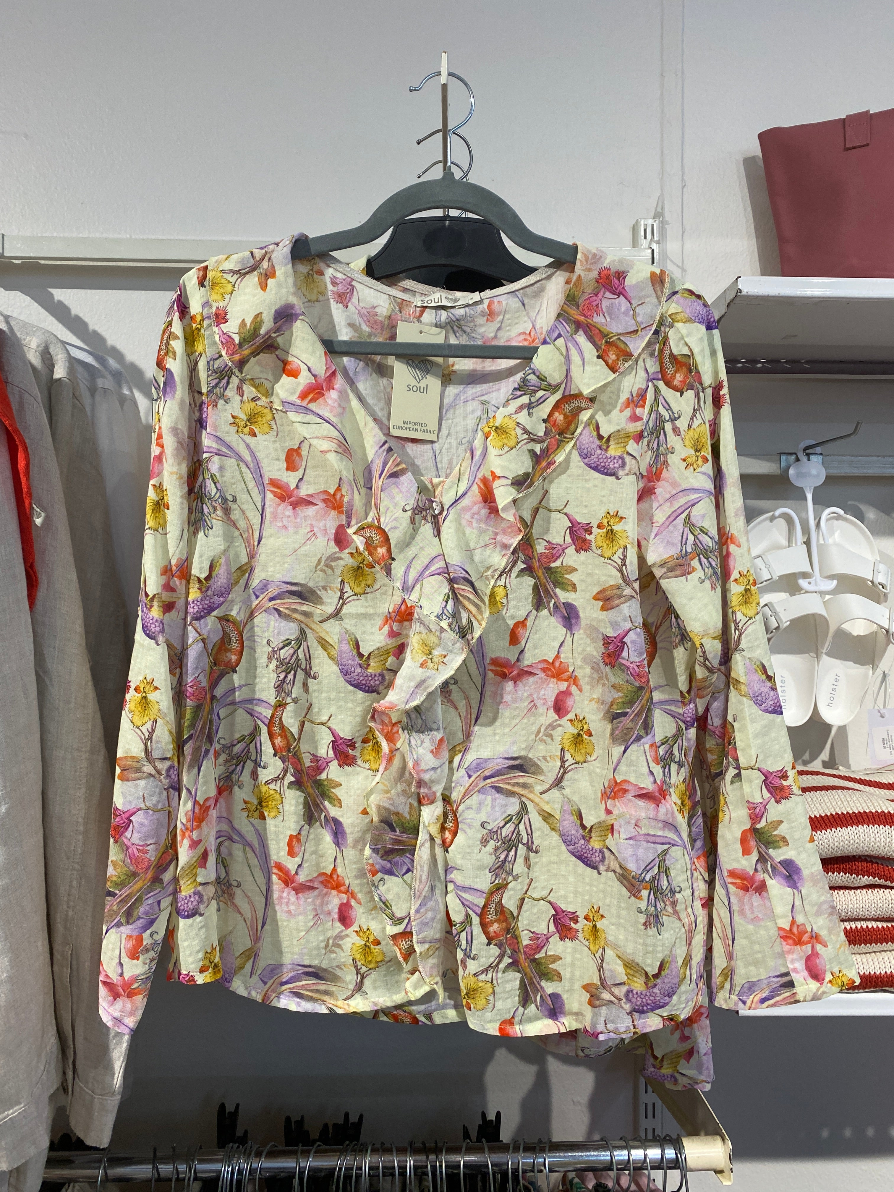 Bird Printed Frill Top in Cream