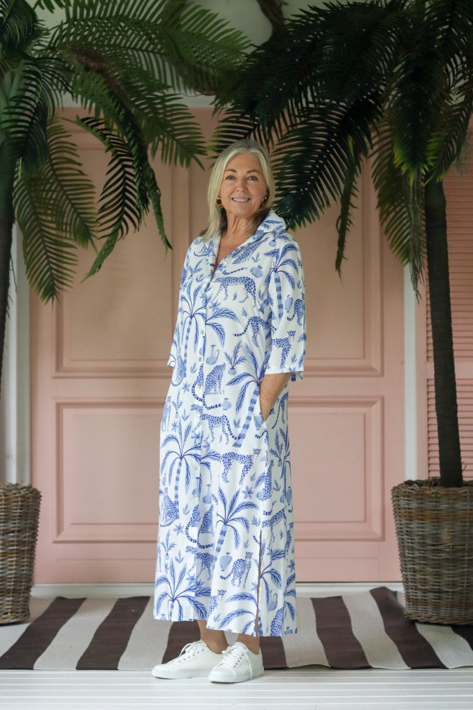 Bella Long Shirt Dress in White & Blue