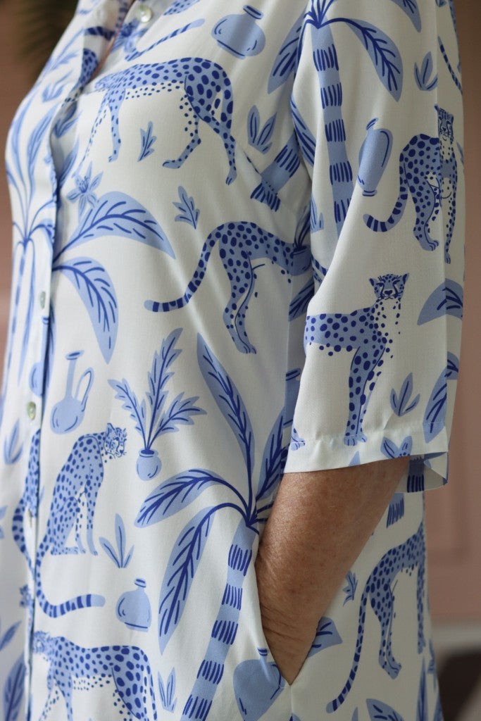 Bella Long Shirt Dress in White & Blue