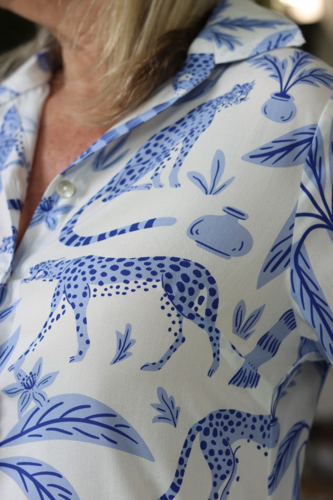 Bella Long Shirt Dress in White & Blue