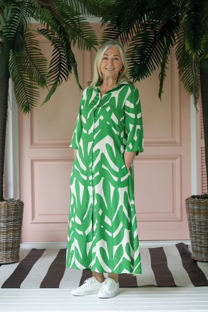 Bella Long Shirt Dress in Off White & Green