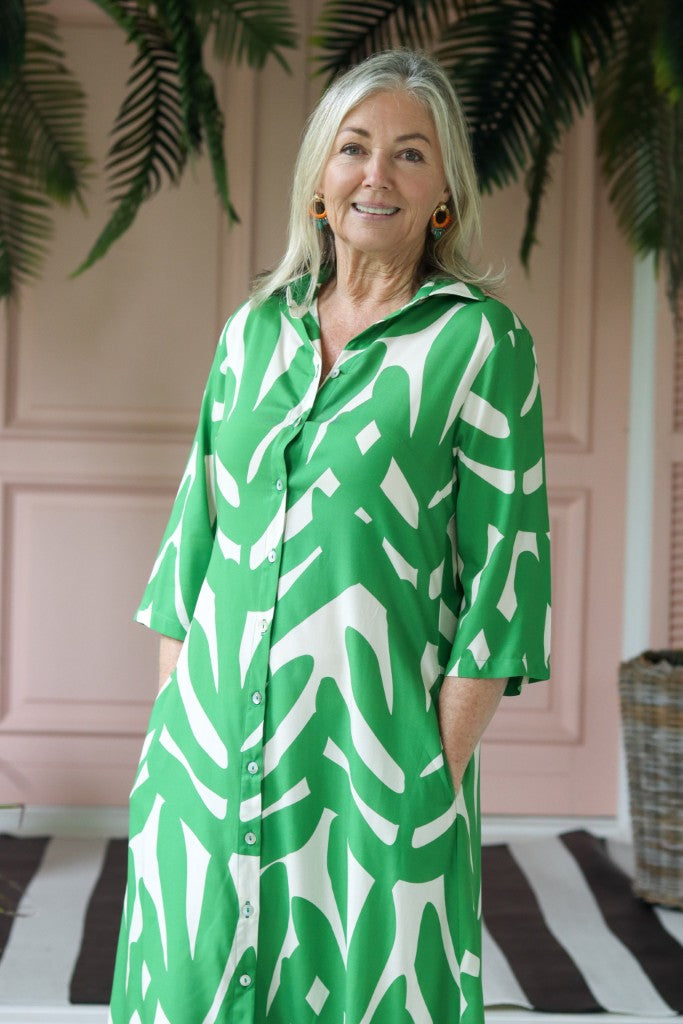 Bella Long Shirt Dress in Off White & Green