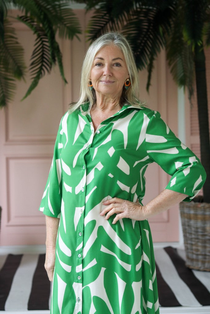 Bella Long Shirt Dress in Off White & Green